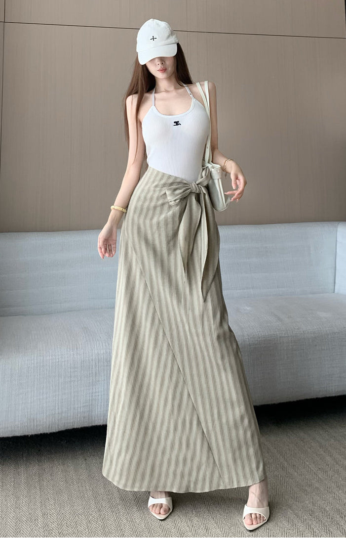 French-Style High-Waist Striped Midi Skirt With A Tie-Waist