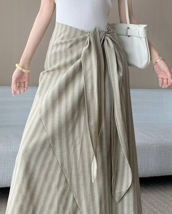 French-Style High-Waist Striped Midi Skirt With A Tie-Waist