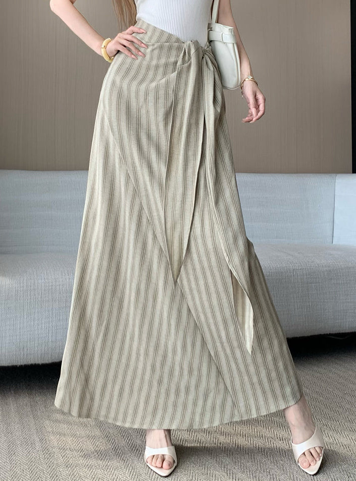 French-Style High-Waist Striped Midi Skirt With A Tie-Waist