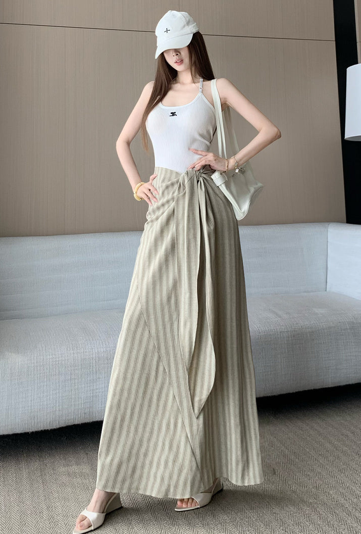French-Style High-Waist Striped Midi Skirt With A Tie-Waist