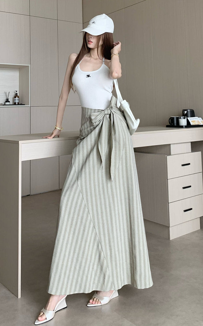 French-Style High-Waist Striped Midi Skirt With A Tie-Waist