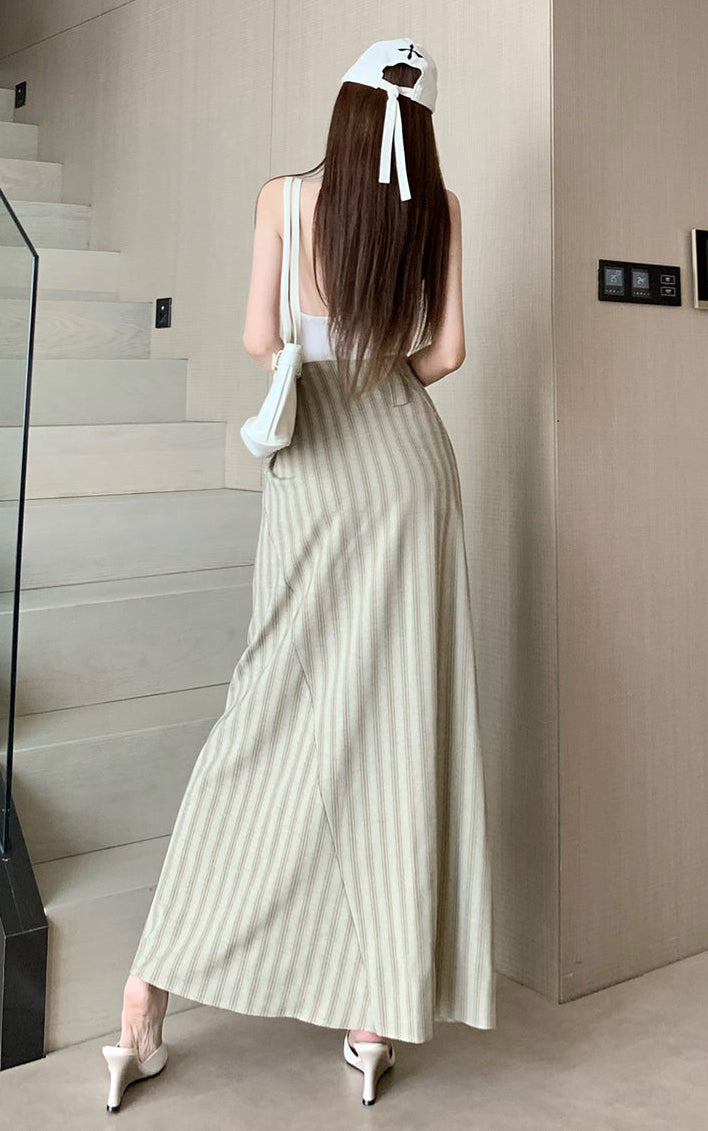 French-Style High-Waist Striped Midi Skirt With A Tie-Waist
