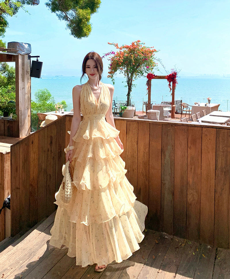 French-style Yellow Floral Halter Neck Chiffon Cake Dress