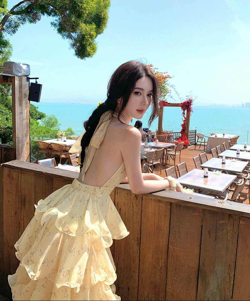 French-style Yellow Floral Halter Neck Chiffon Cake Dress