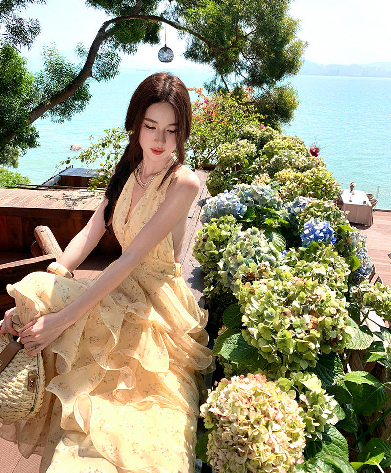 French-style Yellow Floral Halter Neck Chiffon Cake Dress