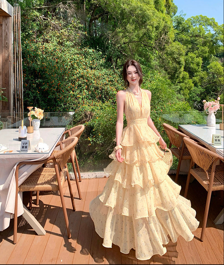 French-style Yellow Floral Halter Neck Chiffon Cake Dress