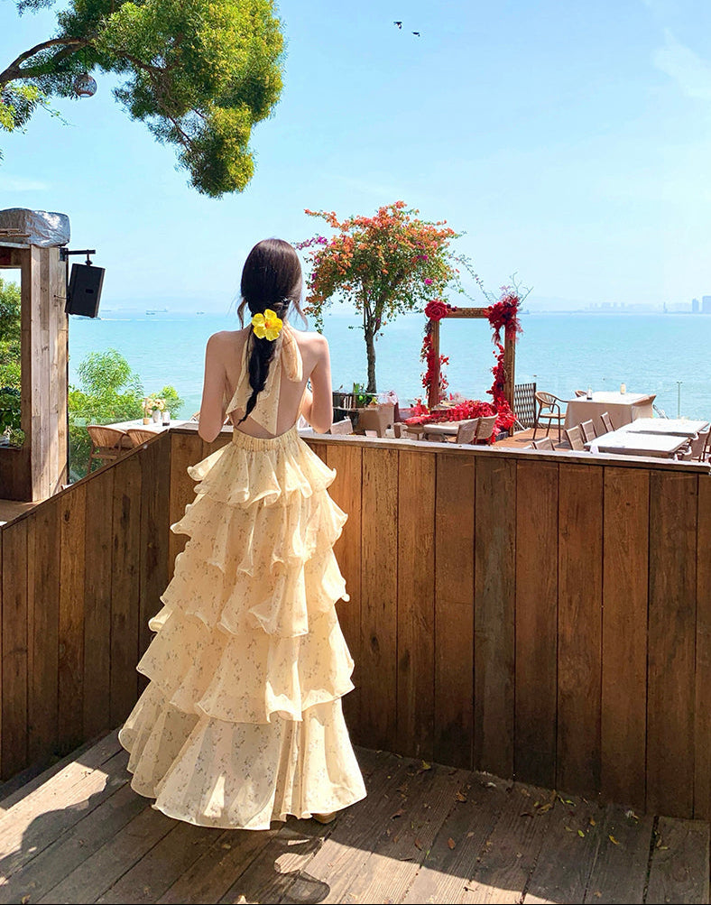 French-style Yellow Floral Halter Neck Chiffon Cake Dress
