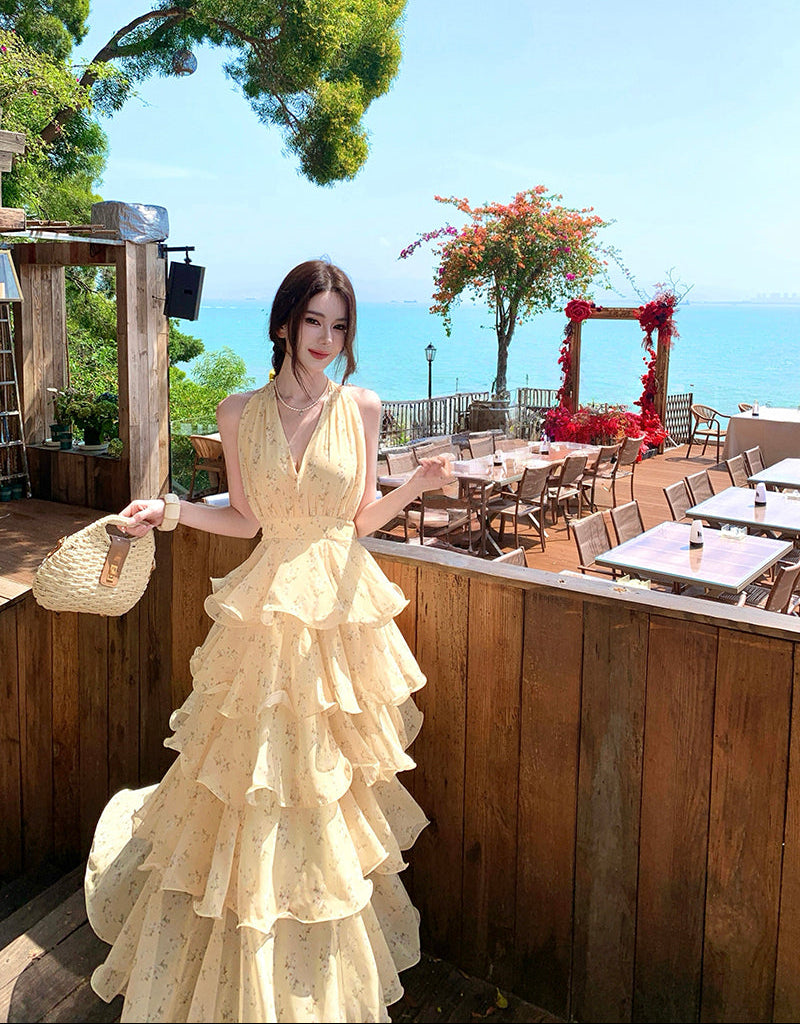 French-style Yellow Floral Halter Neck Chiffon Cake Dress
