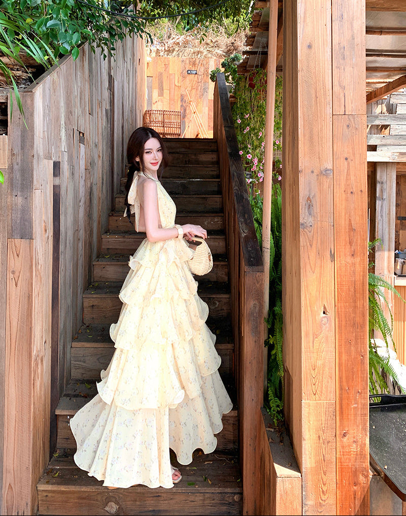 French-style Yellow Floral Halter Neck Chiffon Cake Dress