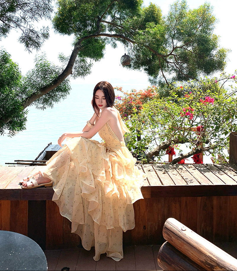 French-style Yellow Floral Halter Neck Chiffon Cake Dress