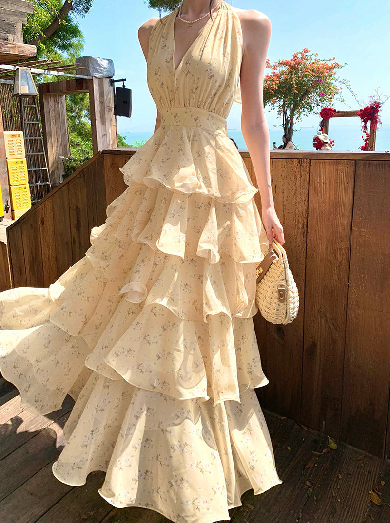 French-style Yellow Floral Halter Neck Chiffon Cake Dress