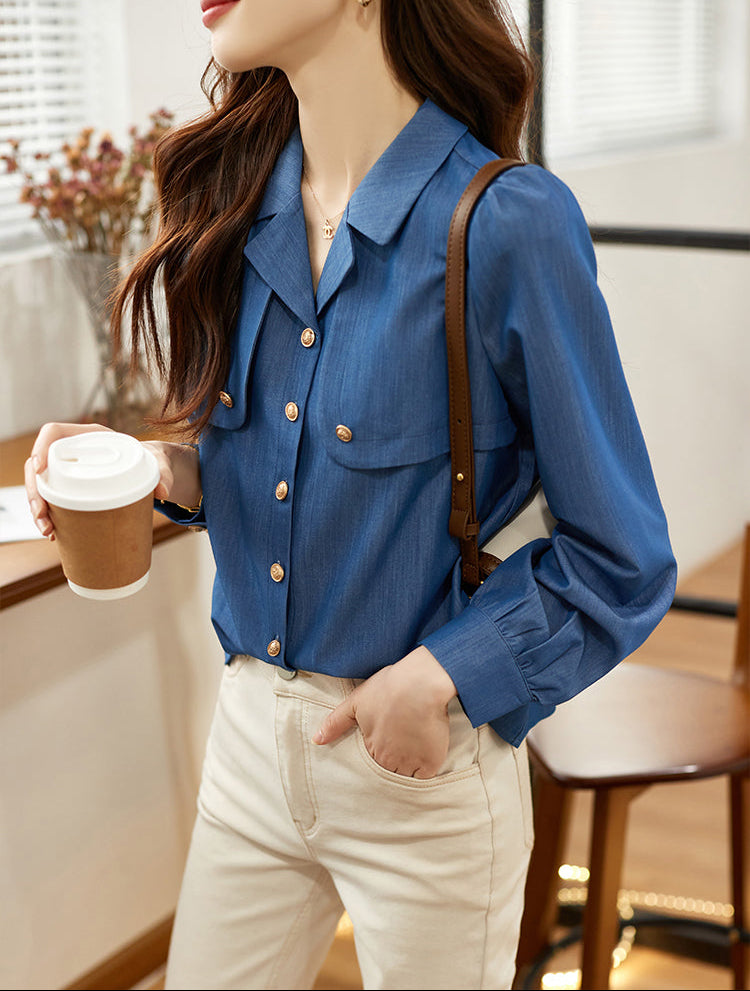 French Chic Denim-Look Blouse with Gold Buttons
