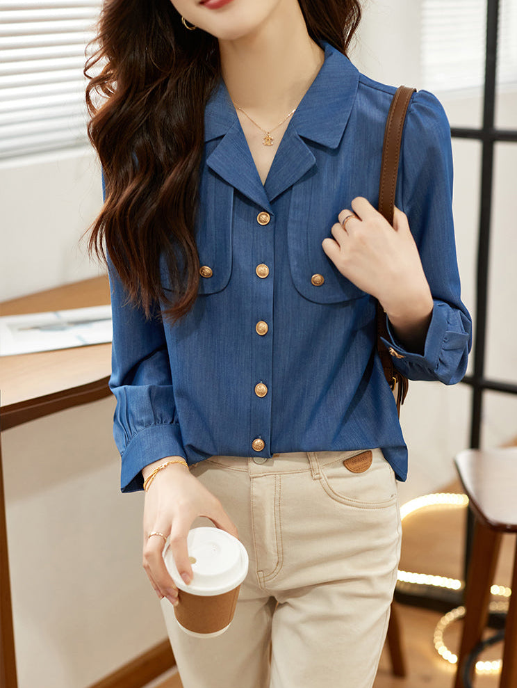 French Chic Denim-Look Blouse with Gold Buttons
