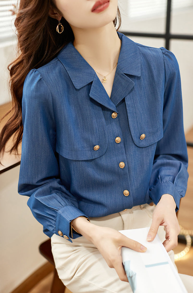 French Chic Denim-Look Blouse with Gold Buttons