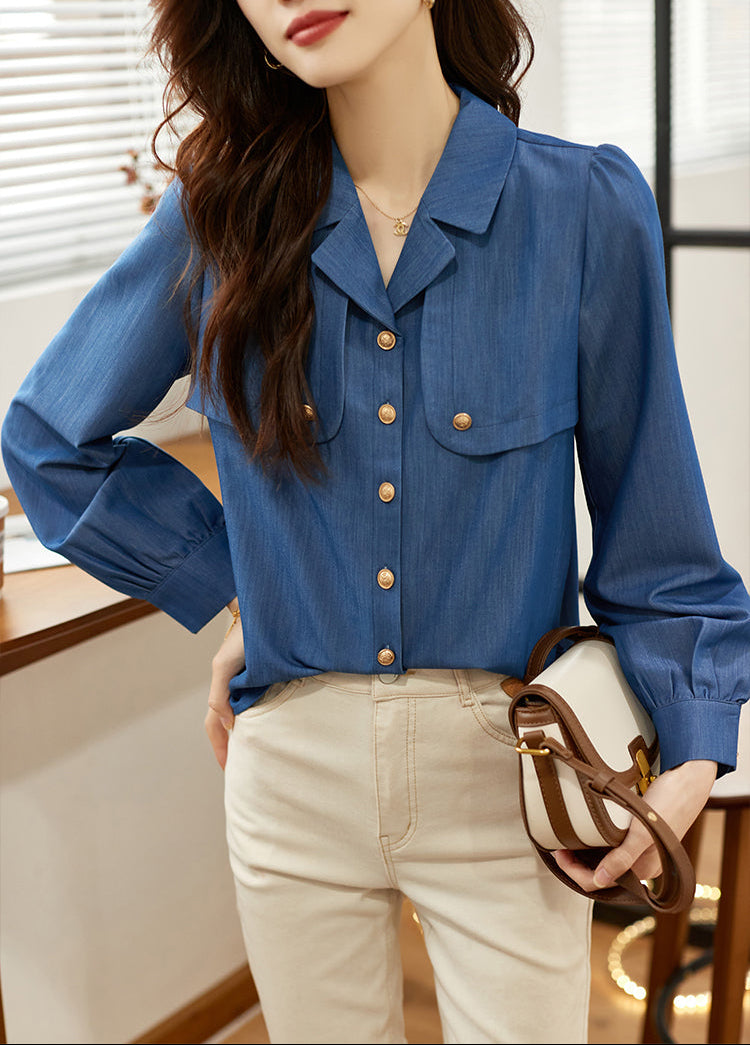 French Chic Denim-Look Blouse with Gold Buttons