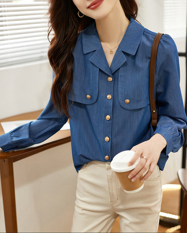French Chic Denim-Look Blouse with Gold Buttons