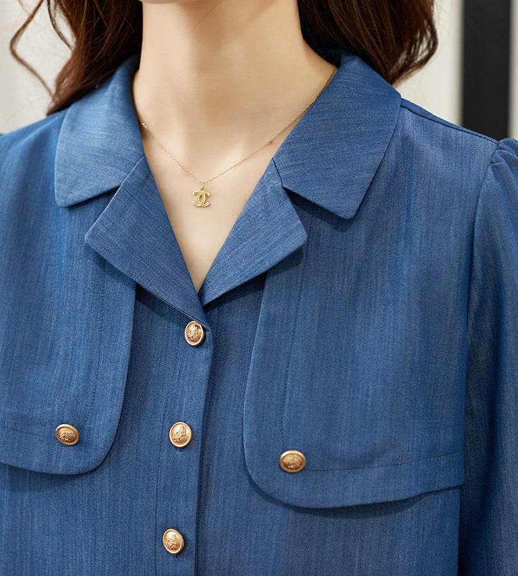 French Chic Denim-Look Blouse with Gold Buttons