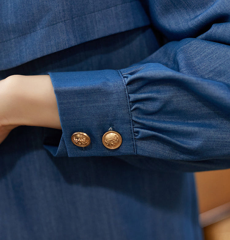 French Chic Denim-Look Blouse with Gold Buttons