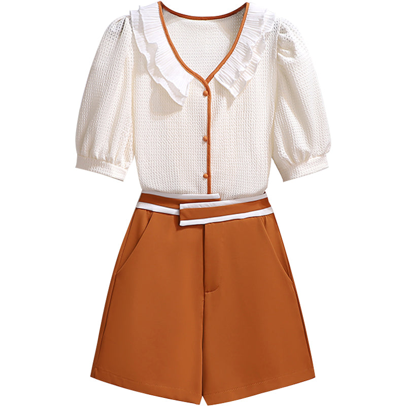 French Chic Ruffled Puff Sleeve Two-Piece Shorts Set