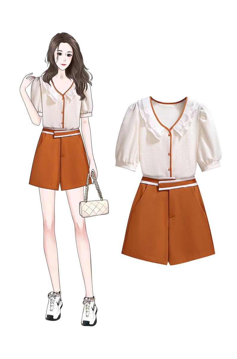 French Chic Ruffled Puff Sleeve Two-Piece Shorts Set