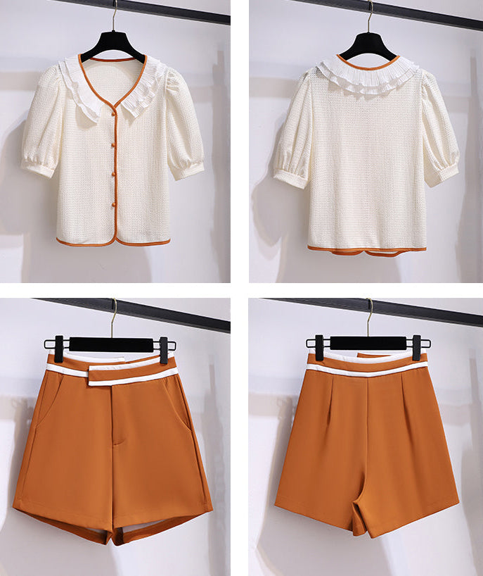 French Chic Ruffled Puff Sleeve Two-Piece Shorts Set