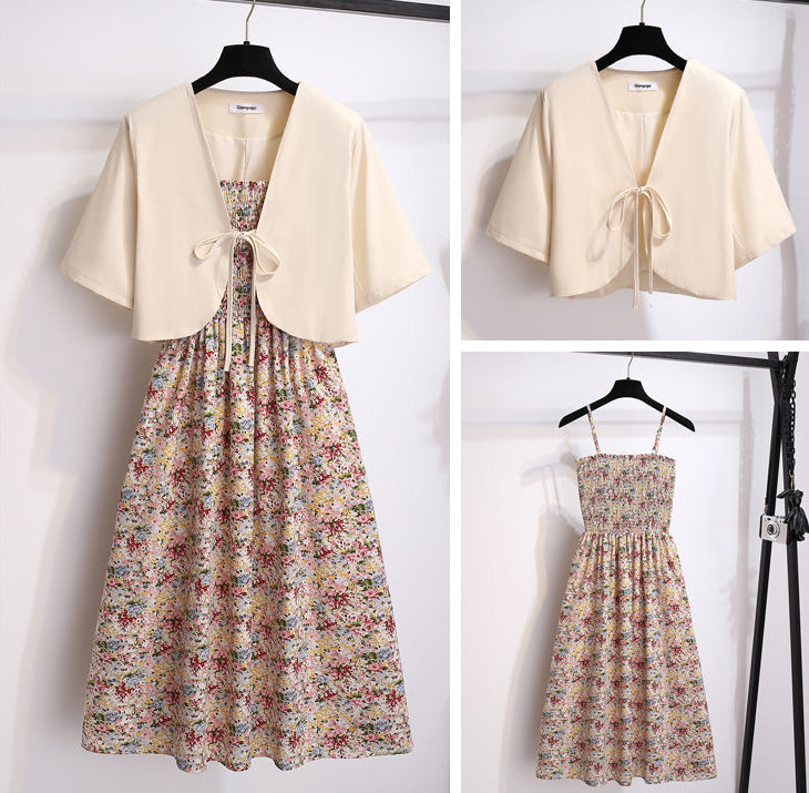 French Cottage Floral Midi Dress & Short-Sleeve Cardigan Set