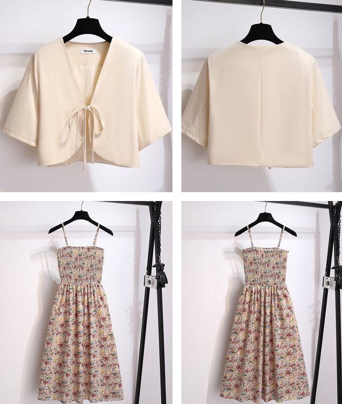 French Cottage Floral Midi Dress & Short-Sleeve Cardigan Set