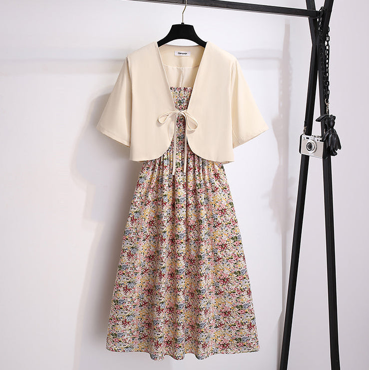 French Cottage Floral Midi Dress & Short-Sleeve Cardigan Set