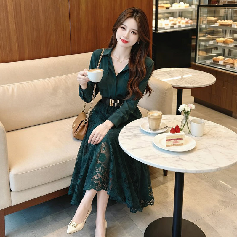 French Elegant Collared Long Sleeve & Floral Lace Patchwork Dress