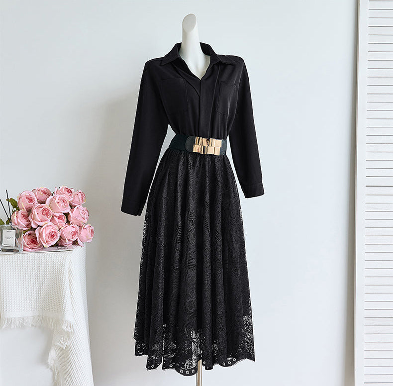 French Elegant Collared Long Sleeve & Floral Lace Patchwork Dress