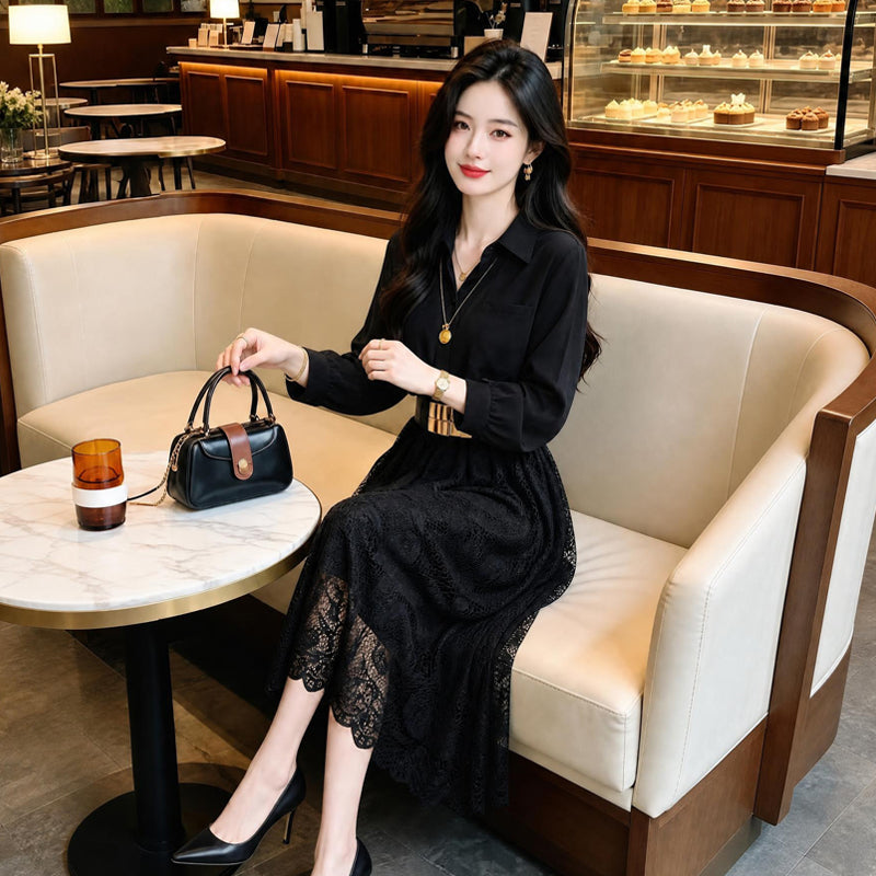 French Elegant Collared Long Sleeve & Floral Lace Patchwork Dress
