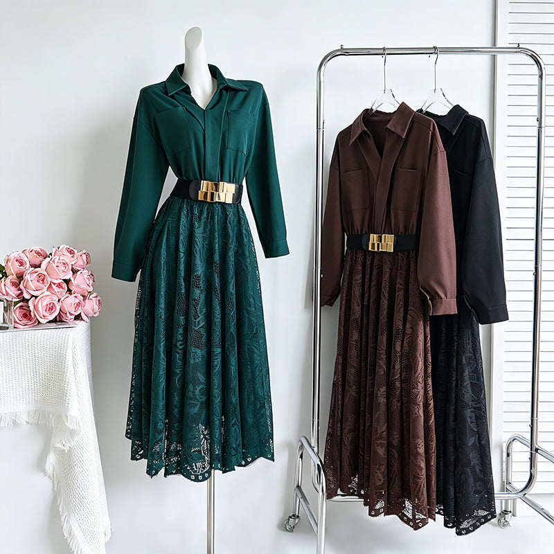 French Elegant Collared Long Sleeve & Floral Lace Patchwork Dress