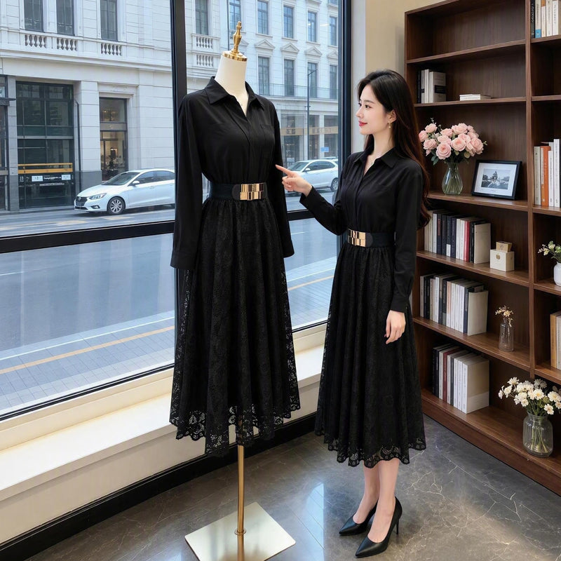 French Elegant Collared Long Sleeve & Floral Lace Patchwork Dress
