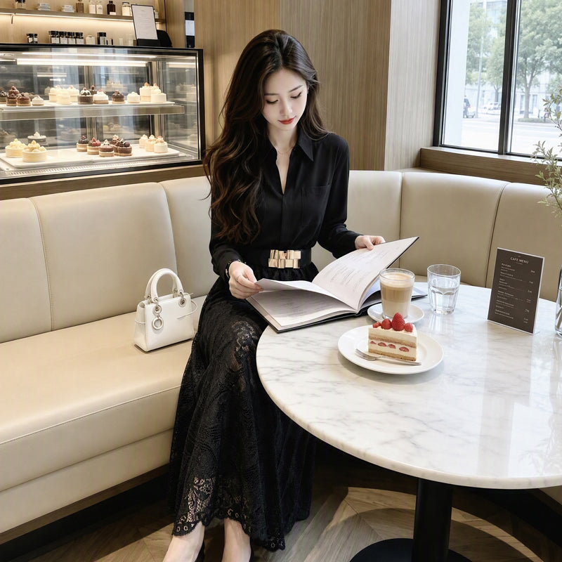French Elegant Collared Long Sleeve & Floral Lace Patchwork Dress