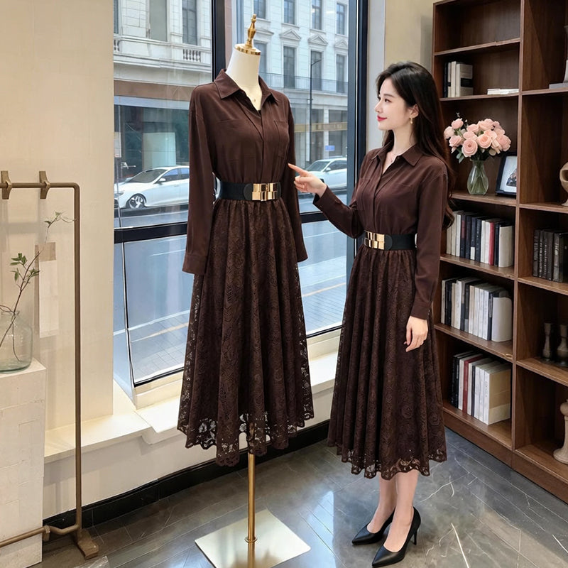 French Elegant Collared Long Sleeve & Floral Lace Patchwork Dress