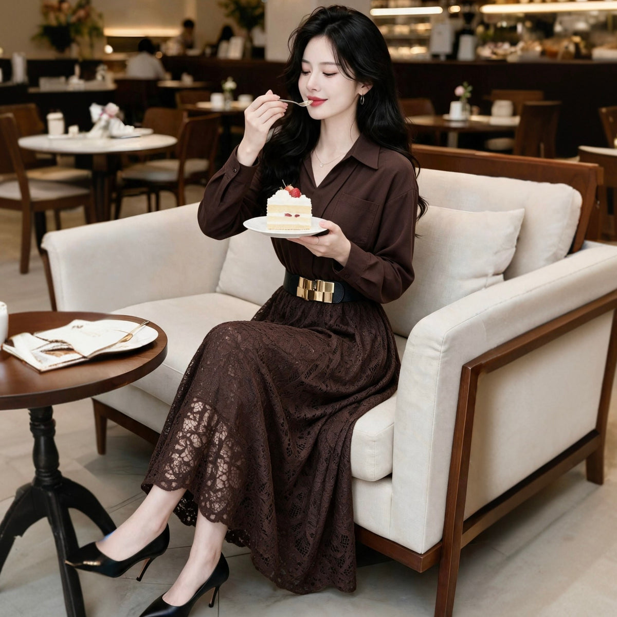 French Elegant Collared Long Sleeve & Floral Lace Patchwork Dress