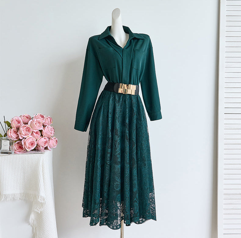 French Elegant Collared Long Sleeve & Floral Lace Patchwork Dress