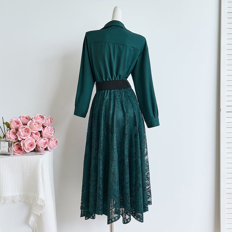 French Elegant Collared Long Sleeve & Floral Lace Patchwork Dress