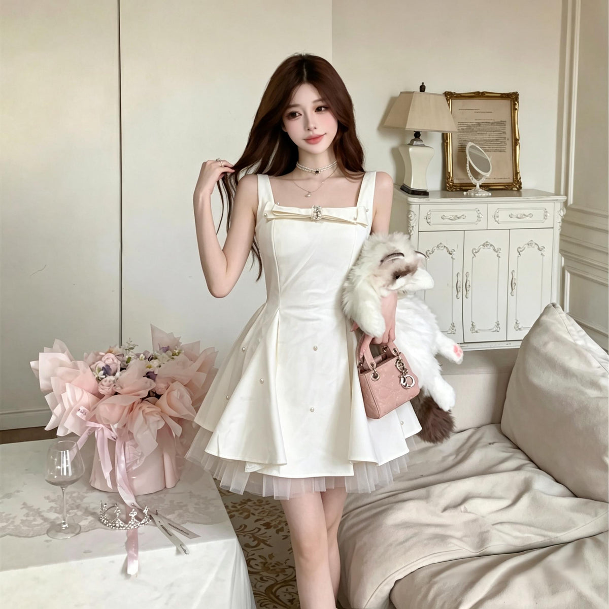 French Elegant White Princess Mini Dress