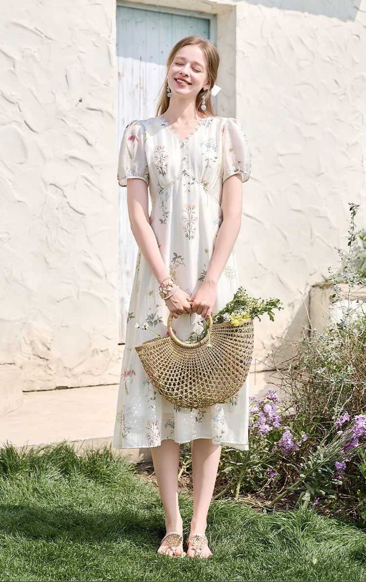French Floral Print Empire Waist Midi Dress with Puff Sleeves & Pearl Buttons