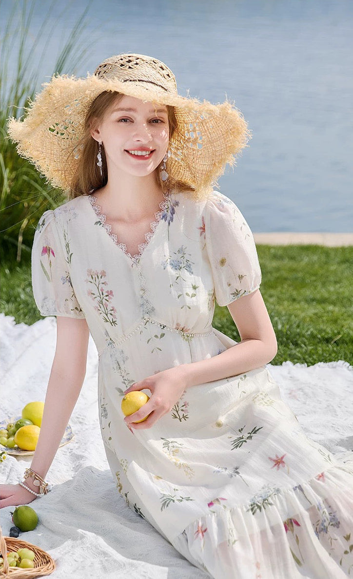 French Floral Print Empire Waist Midi Dress with Puff Sleeves & Pearl Buttons