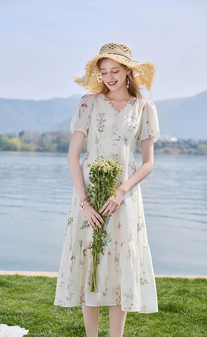 French Floral Print Empire Waist Midi Dress with Puff Sleeves & Pearl Buttons