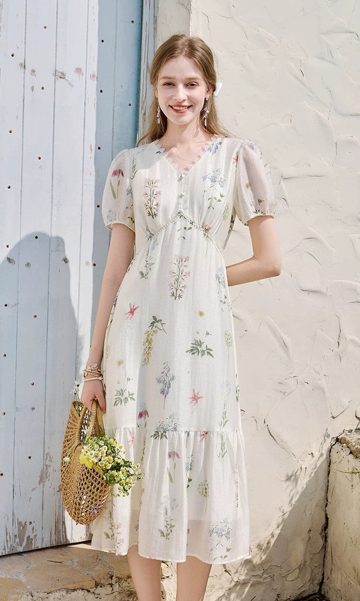 French Floral Print Empire Waist Midi Dress with Puff Sleeves & Pearl Buttons