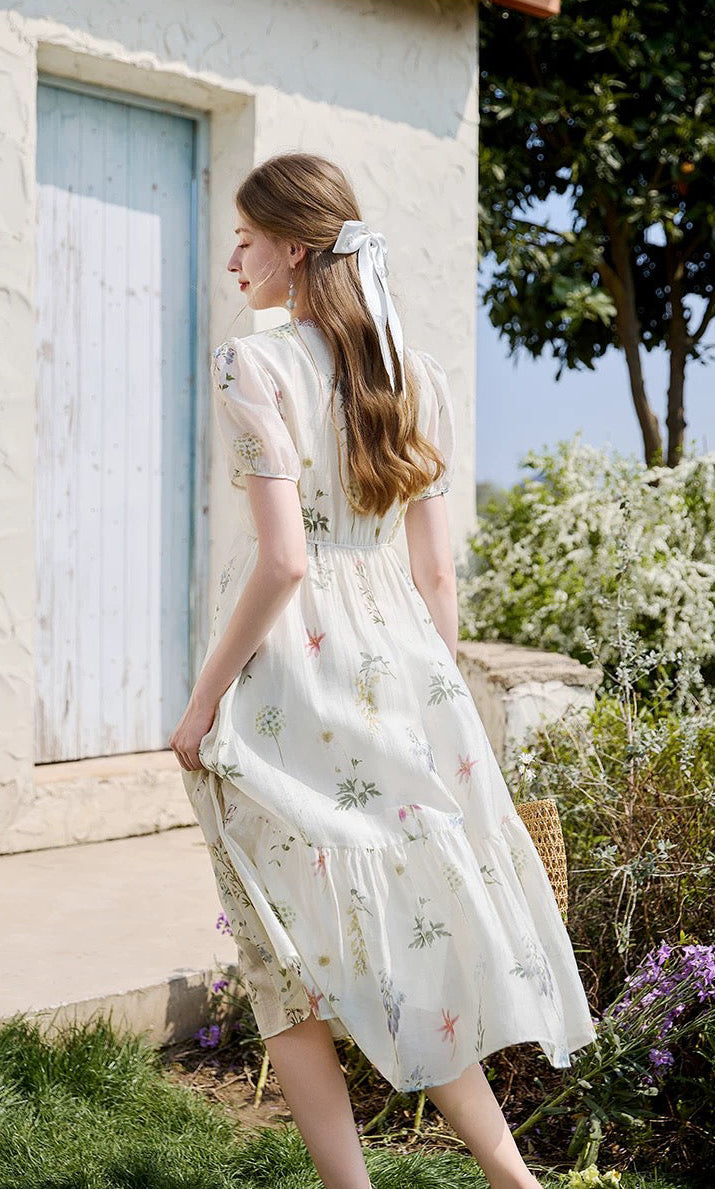 French Floral Print Empire Waist Midi Dress with Puff Sleeves & Pearl Buttons