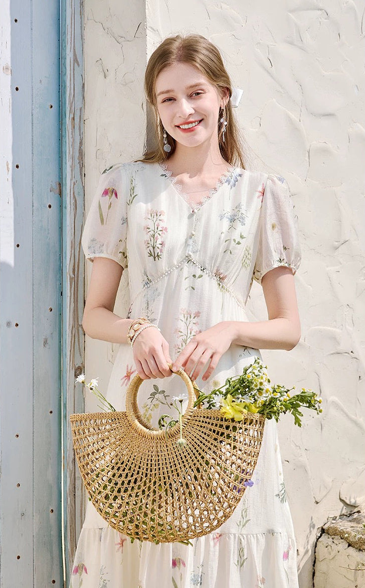 French Floral Print Empire Waist Midi Dress with Puff Sleeves & Pearl Buttons