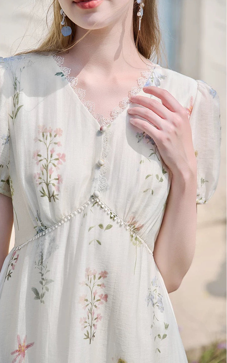 French Floral Print Empire Waist Midi Dress with Puff Sleeves & Pearl Buttons