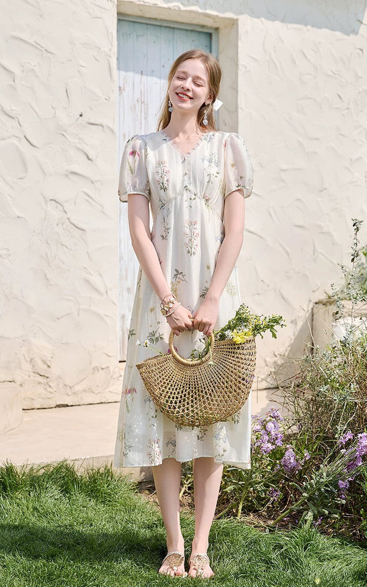 French Floral Print Empire Waist Midi Dress with Puff Sleeves & Pearl Buttons