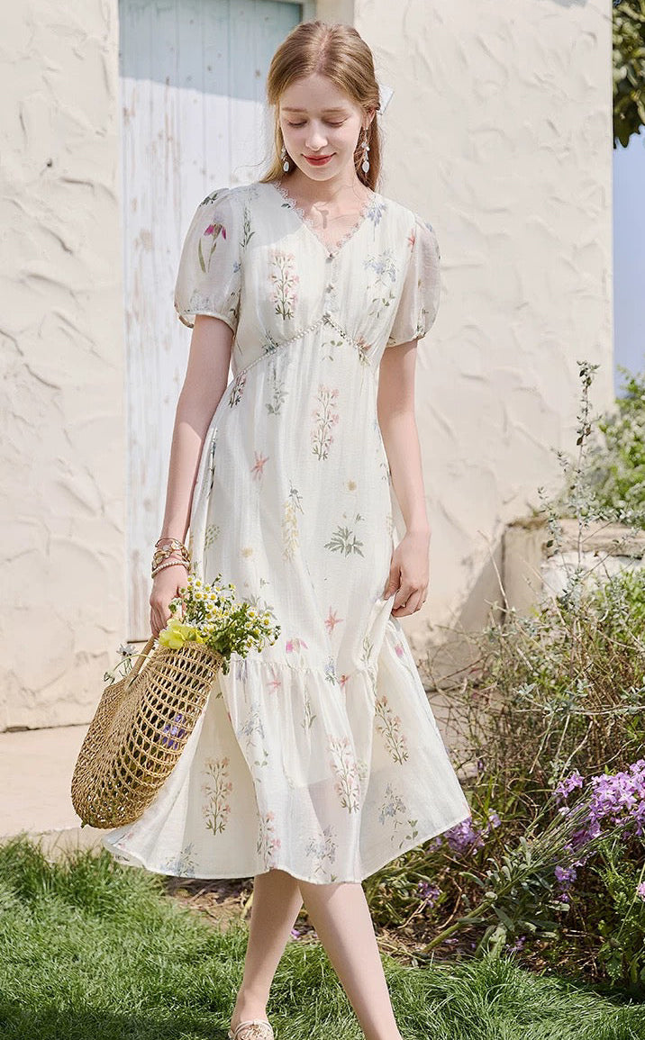 French Floral Print Empire Waist Midi Dress with Puff Sleeves & Pearl Buttons