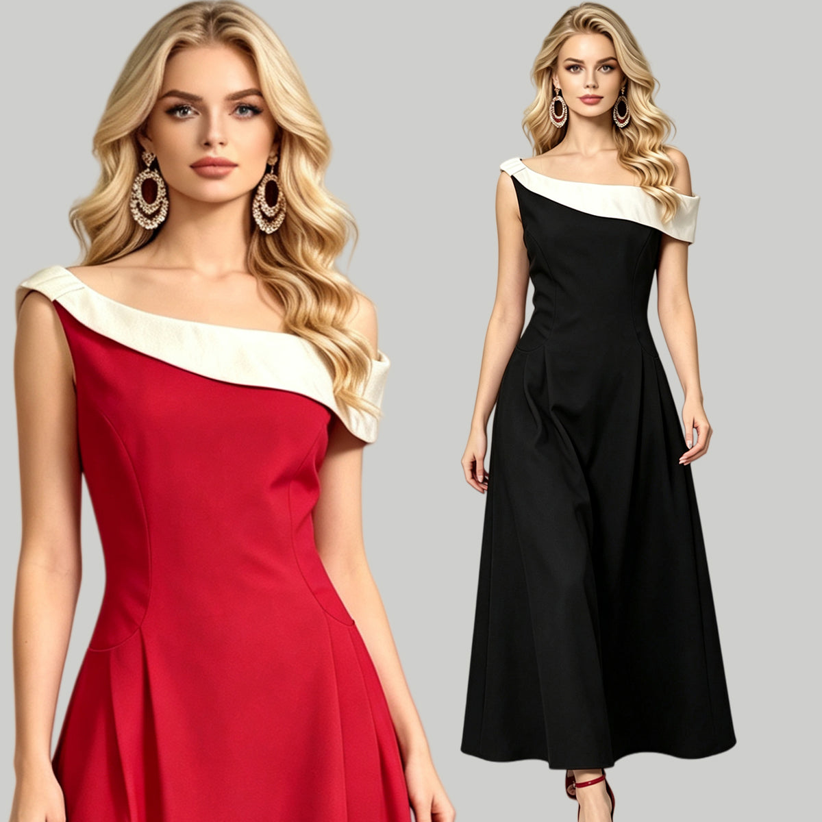 French Hepburn Style Off-Shoulder Color-Blocked Slim-Fit Maxi Dress
