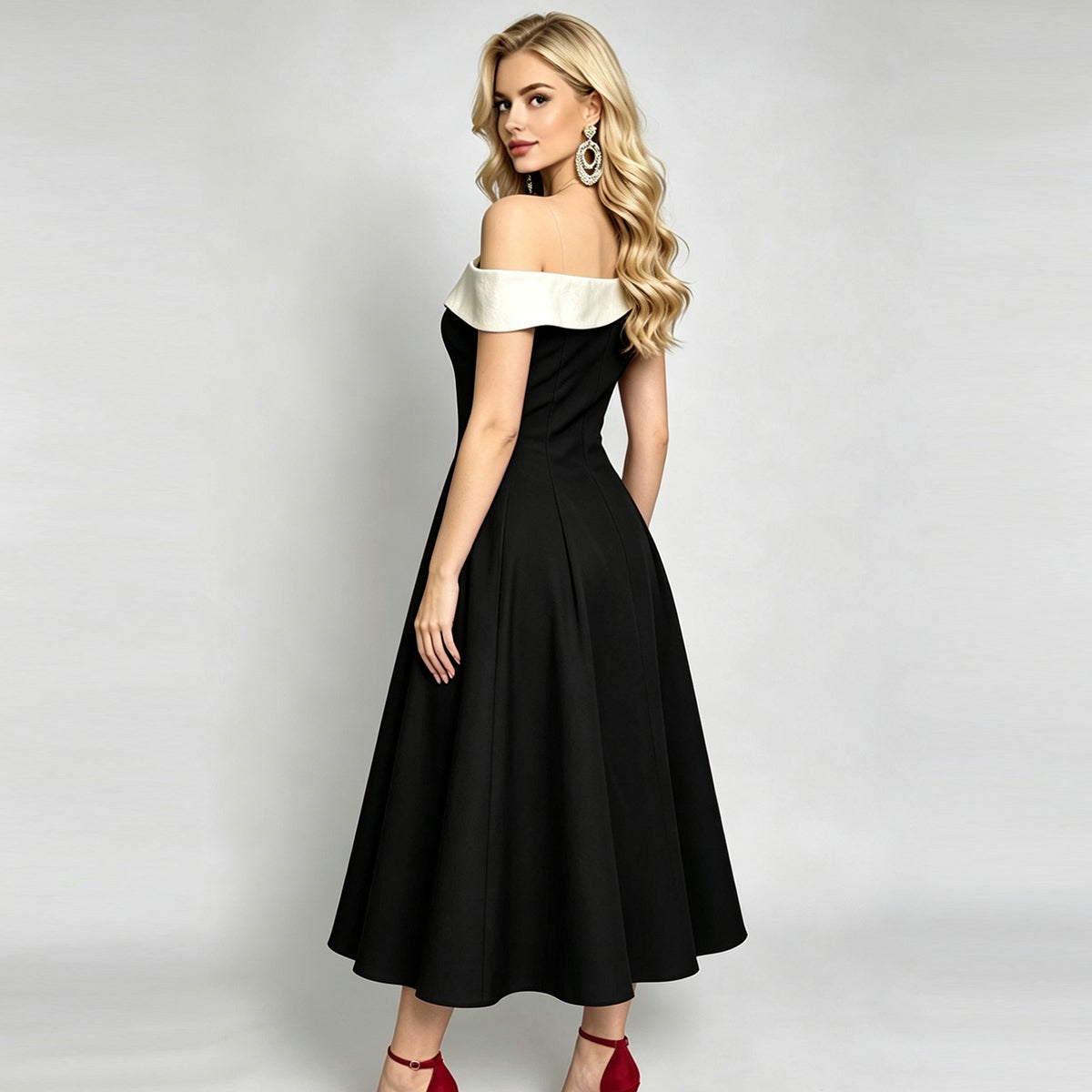French Hepburn Style Off-Shoulder Color-Blocked Slim-Fit Maxi Dress